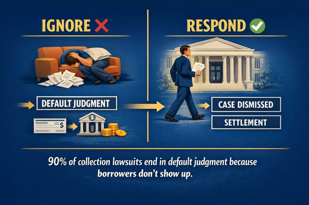 Split screen infographic showing ignoring court papers leads to default judgment, wage garnishment, and bank levies on left, while responding leads to case dismissal or settlement on right