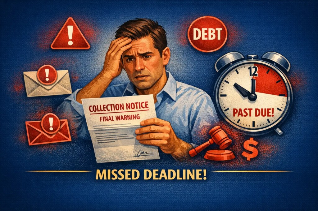 Person holding threatening collection letter with distressed expression, surrounded by warning icons