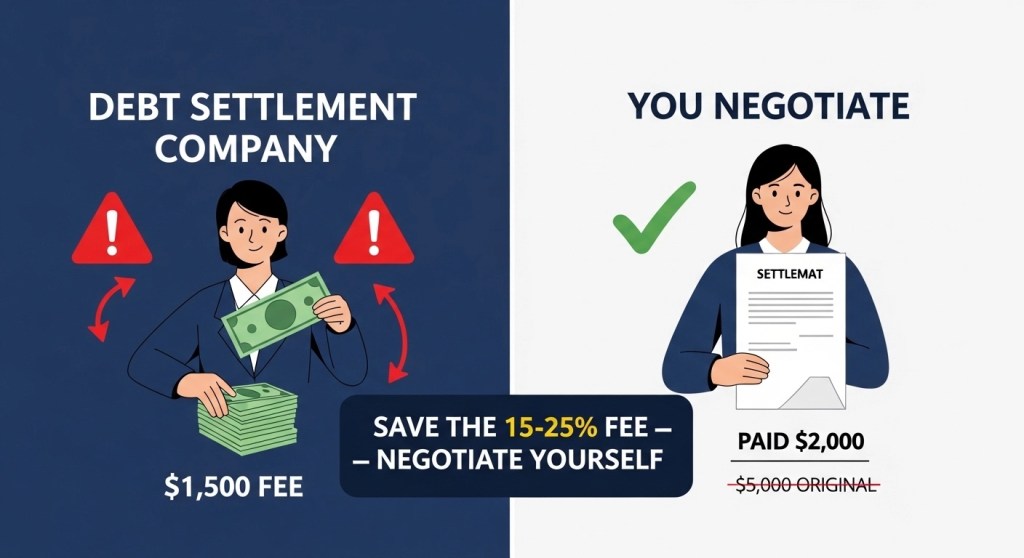 Split screen infographic comparing debt settlement company taking 15-25% fees versus negotiating yourself for free, with savings highlighted