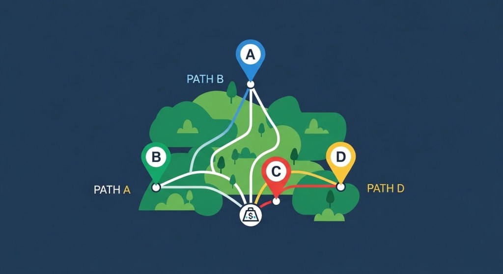 Four branching paths labeled A through D representing different routes to getting 500 dollars in an emergency based on timeline and credit score