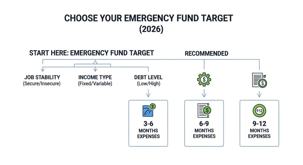 Emergency fund decision tree based on job stability and income type
