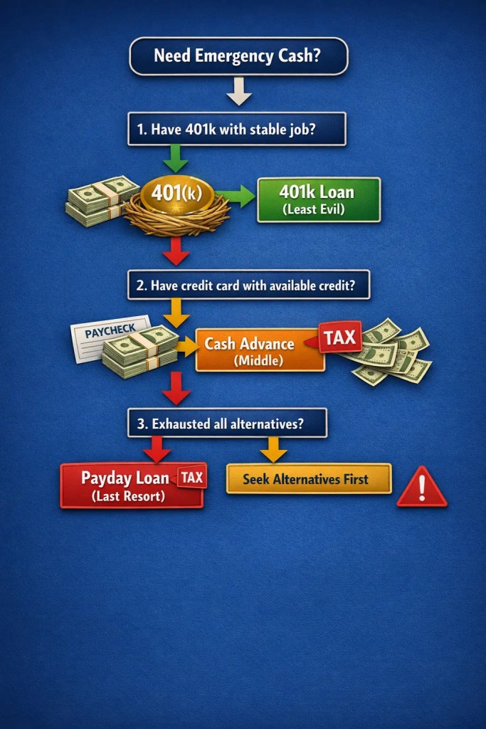 Decision tree flowchart for emergency borrowing: 401k first if job stable, credit card cash advance second if available, payday loan only as absolute last resort