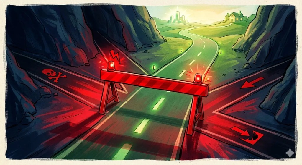 Red warning barriers blocking dangerous loan paths including payday and title loans while green path shows safer emergency money options