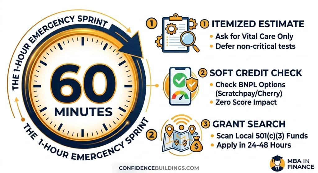 An urgent pet emergency infographic showing a 60-minute countdown clock with icons and steps for 'Itemized Estimate,' 'Soft Credit Check,' and 'Grant Search.'