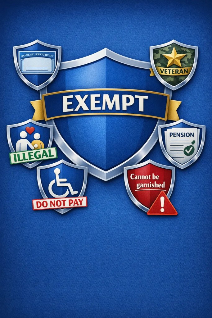 Shield icons protecting Social Security, veterans benefits, child support, disability, and pension funds from garnishment with "EXEMPT" label for 2026 borrowers