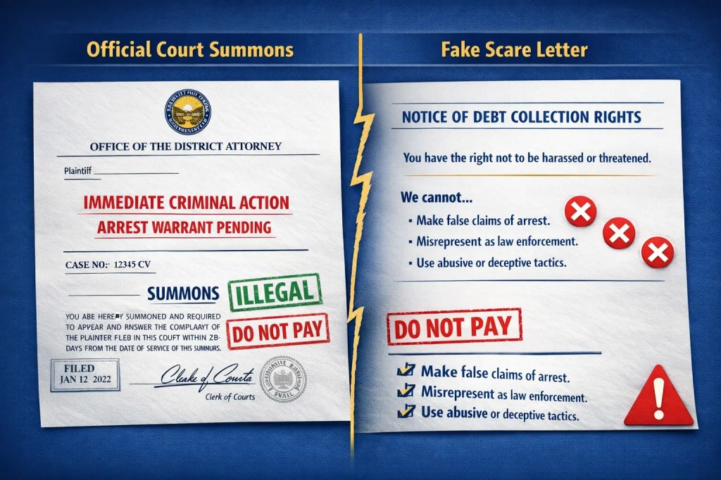 Split image comparison showing fake district attorney threat letter with arrest warrant claims on left, versus real FDCPA rights and "DO NOT PAY" warning on right for 2026 borrowers