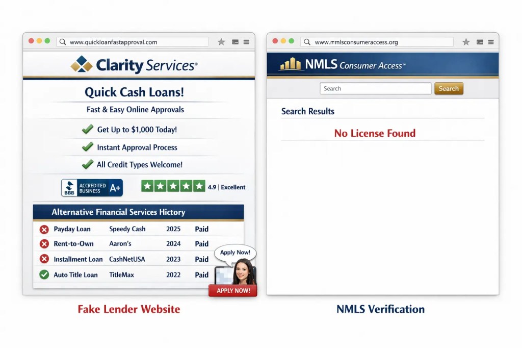 Side-by-side comparison of a fake payday lender website with fake BBB seals versus the real NMLS license verification database showing no license found