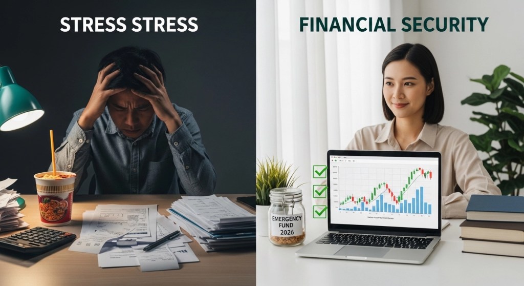Comparison of financial stress without savings and security with an emergency fund