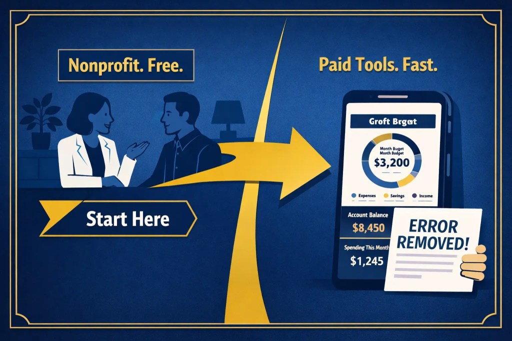 Illustration comparing free nonprofit credit counseling on the left and paid budgeting tools on the right, with a prominent "Start Here" arrow pointing to the nonprofit side.