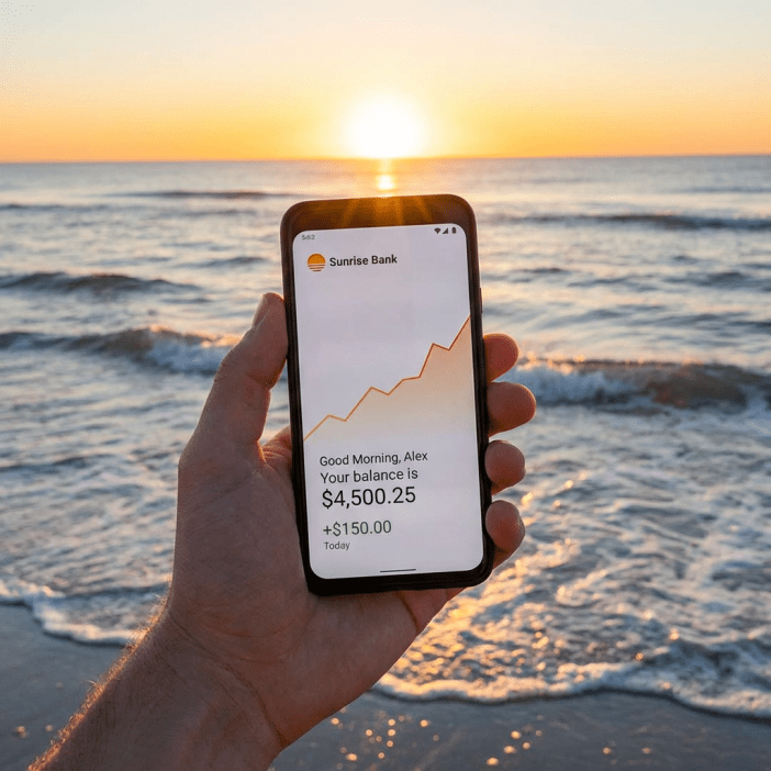 Person checking bank balance on phone calmly as a sign of financial recovery in 2026