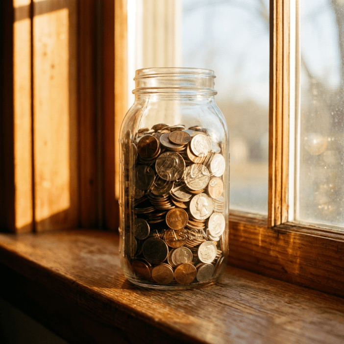 Glass jar filled with savings coins and cash representing a financial buffer and stability in 2026