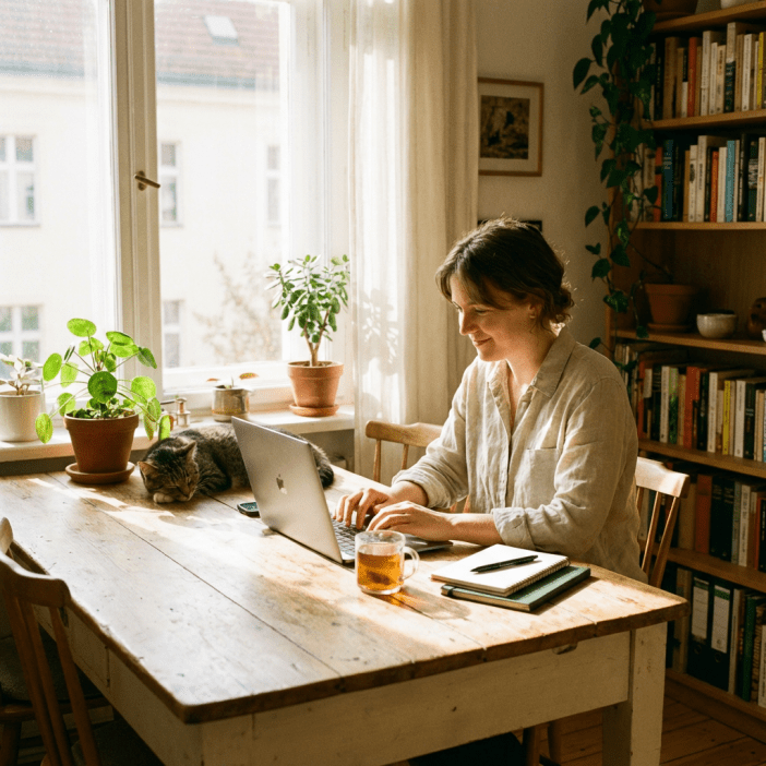 Person relaxed at laptop paying bills on time without stress as a sign of financial stability in 2026