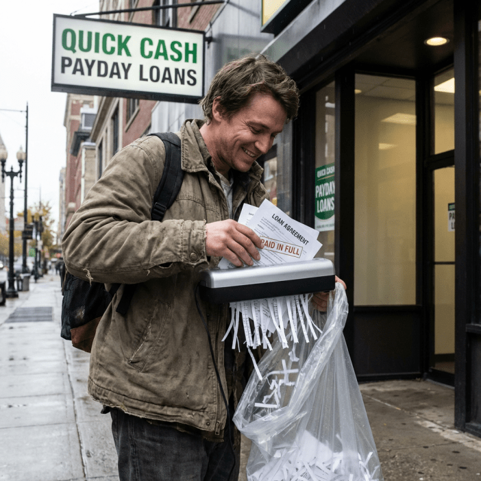 Person walking away from a payday loan storefront with debt documents being shredded behind them, symbolizing debt forgiveness, settlement, and escape from the payday loan cycle