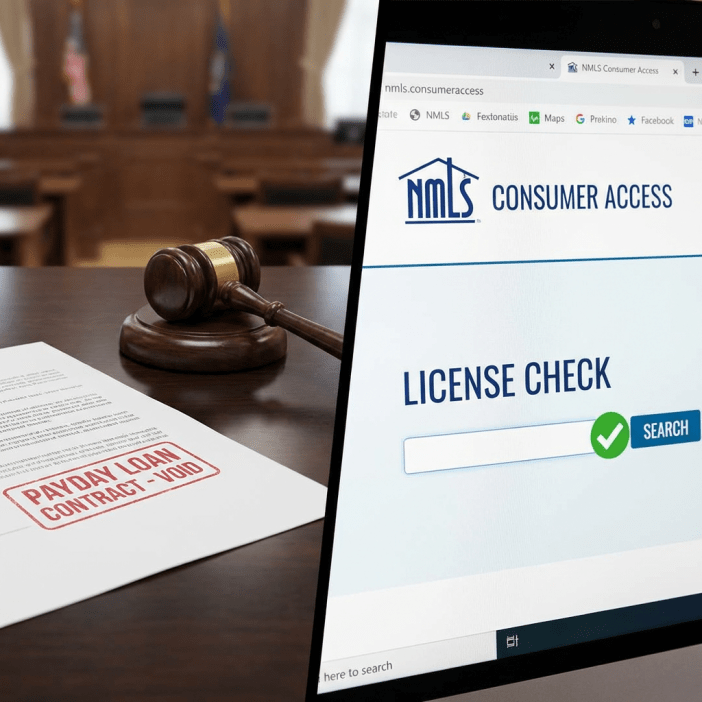 Court gavel and voided payday loan contract document next to NMLS Consumer Access license check website.