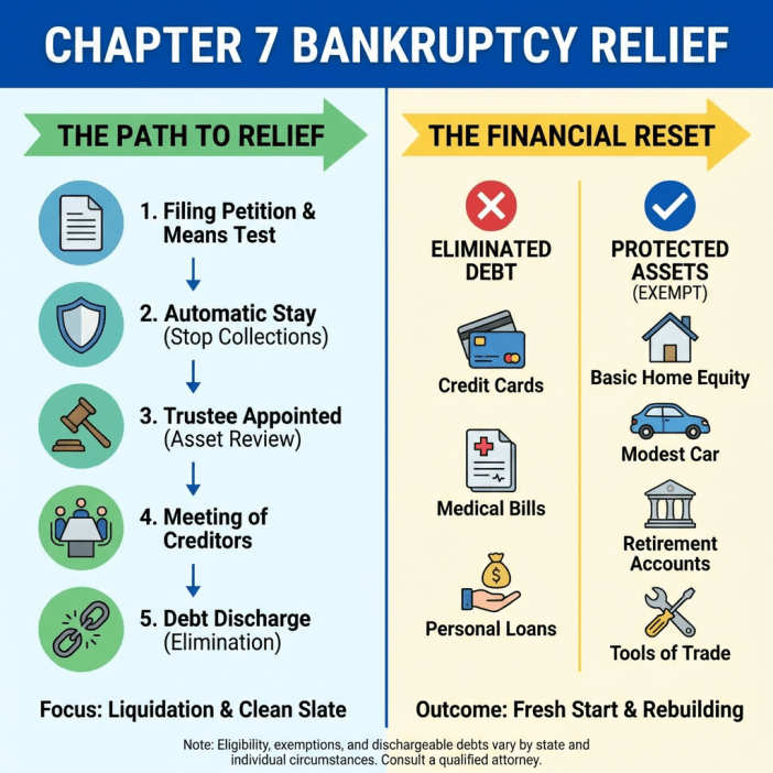 Infographic showing the 5-step Chapter 7 bankruptcy process: filing petition and means test, automatic stay stopping collections, trustee appointed, meeting of creditors, and debt discharge, plus protected exempt assets including home equity, modest car, retirement accounts, and tools of trade