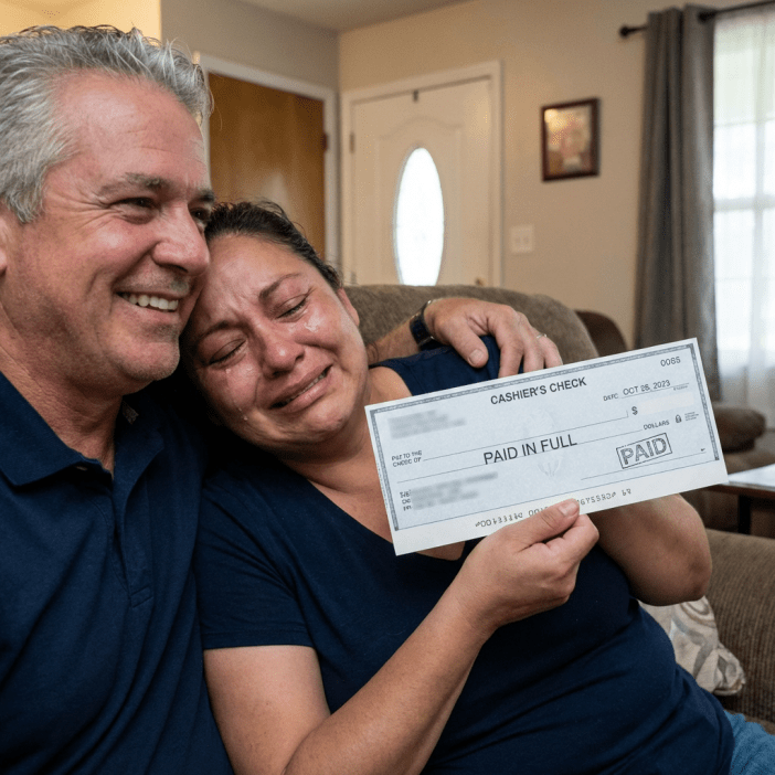 Person holding settlement agreement and check with PAID IN FULL stamp, smiling with relief after settling payday loans