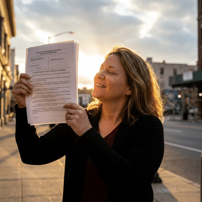 Person holding bankruptcy discharge document with relieved expression, looking toward bright future
