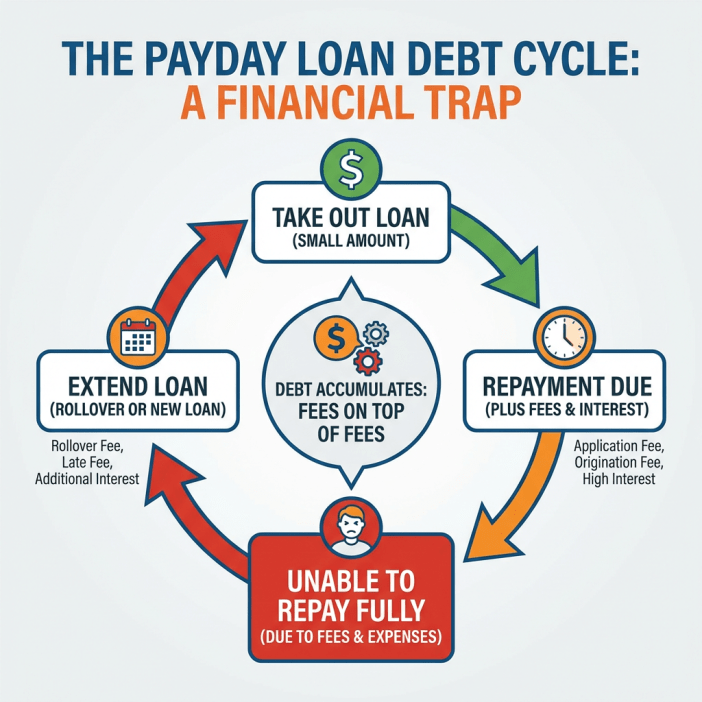 Circular infographic showing the payday loan debt cycle: take out loan, unable to repay fully due to fees, extend loan through rollover, fees accumulate, repayment due again—creating a perpetual loop of fees without reducing principal