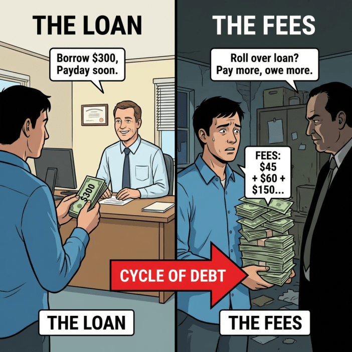 Split comic: 'THE LOAN' (Borrow $300) leads via 'CYCLE OF DEBT' to 'THE FEES' (Roll over, pay more).