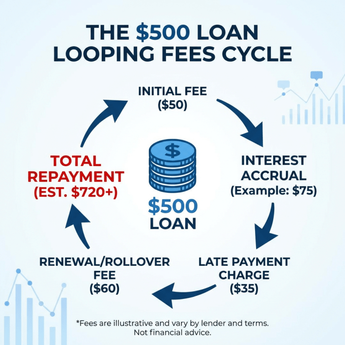 Circular infographic showing the $500 loan with looping fees: initial fee $50, late payment charge $35, rollover fee $60, interest accrual $75, total repayment estimated $720+