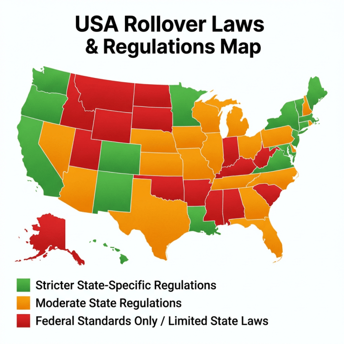 Color-coded map of the United States showing payday loan rollover laws: stricter regulations (13 states + DC), moderate regulations, and federal standards only