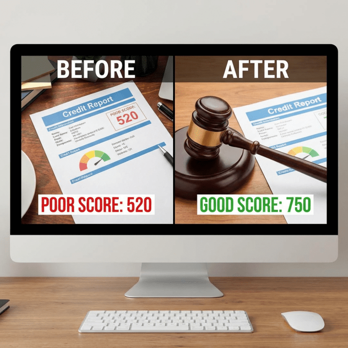 Split screen comparison showing credit score improvement from 520 to 750 after disputing errors on credit report