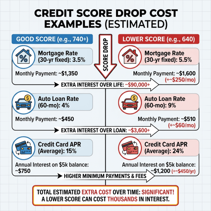 Infographic comparing costs of a 740+ credit score vs 640 score: mortgage $250/month extra, auto loan $60/month extra, credit card $450/year extra on $5,000 balance