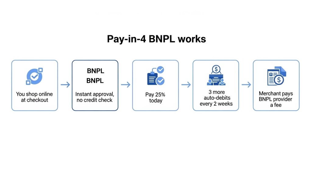 Flowchart explaining how Buy Now Pay Later Pay-in-4 works from checkout to final auto-debit payment