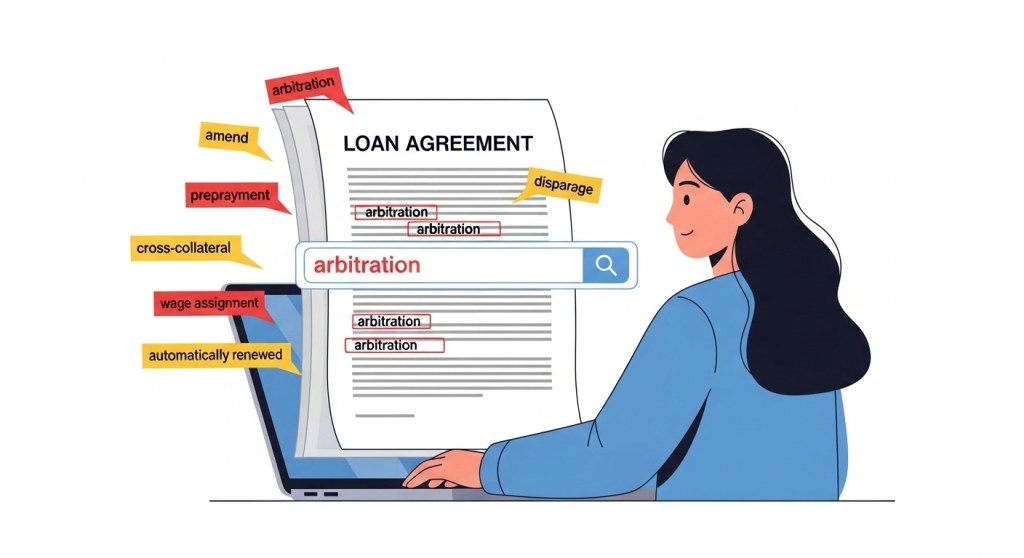 Illustration of borrower using Ctrl+F
to search a digital loan agreement
for dangerous clauses in 2026 —
showing 7 search terms including
arbitration, prepayment, and wage
assignment highlighted in the document
