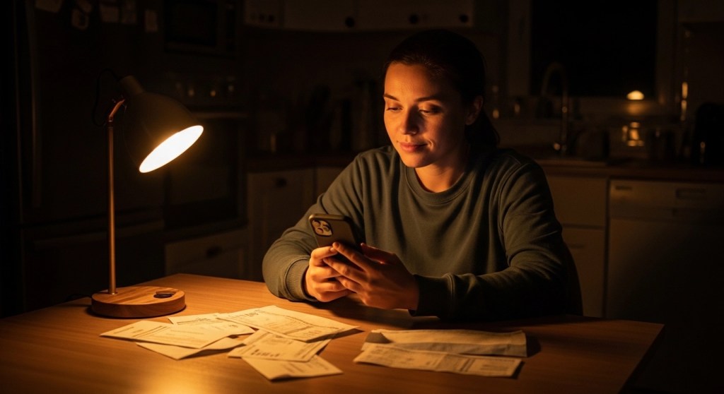Person calmly researching emergency money options at kitchen table at night representing the I need 500 today decision moment