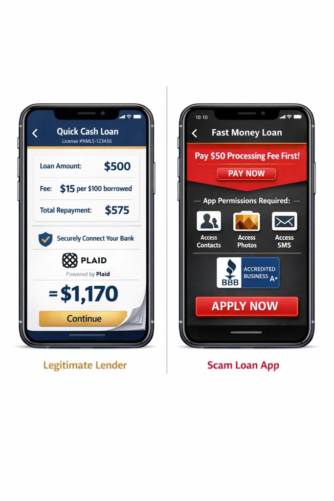 Side-by-side comparison of a legitimate licensed payday lender application showing license numbers and transparent fees versus a scam loan app demanding phone contacts and upfront payments