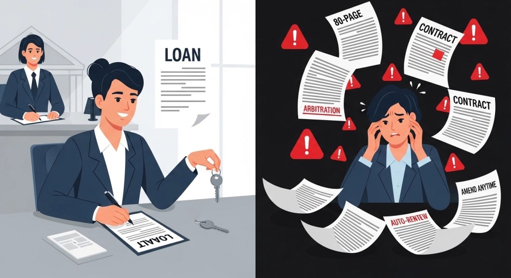 Split illustration showing a borrower
confidently signing a loan vs. the
reality of 80 pages of dangerous fine
print clauses including arbitration
and auto-renewal hidden inside