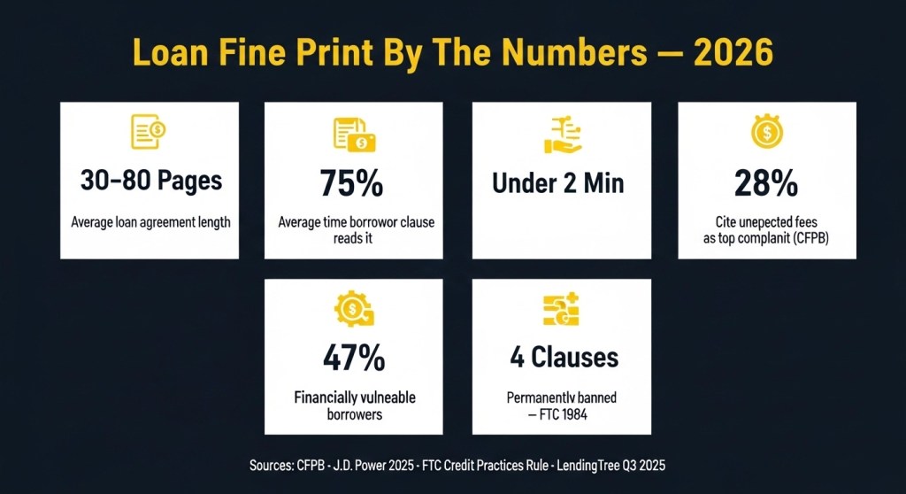 Dark navy infographic showing 6 loan
agreement fine print statistics for
2026 — 75% arbitration unawareness,
30-80 page contracts, under 2 minutes
reading time, sourced from CFPB and
J.D. Power 2025