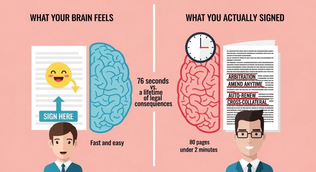 Split brain illustration showing
the psychological gap between how
a loan agreement feels to sign
versus the legal reality of dangerous
fine print clauses — including
arbitration and auto-renewal terms
borrowers unknowingly agree to in 2026