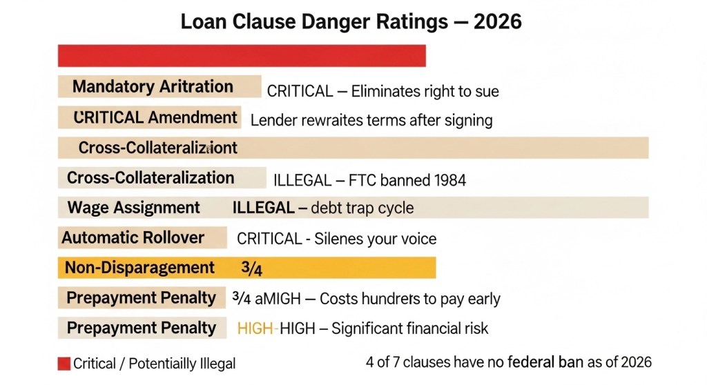 Horizontal bar chart showing danger
ratings for 7 loan agreement clauses
in 2026 — mandatory arbitration,
unilateral amendment, and wage
assignment rated critical or illegal,
prepayment penalty and non-
disparagement rated high risk