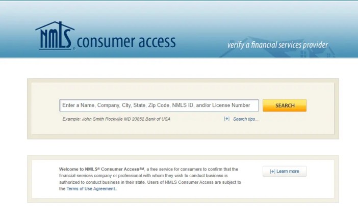 NMLS Consumer Access website showing a verified payday lender license with active status and licensed states listed