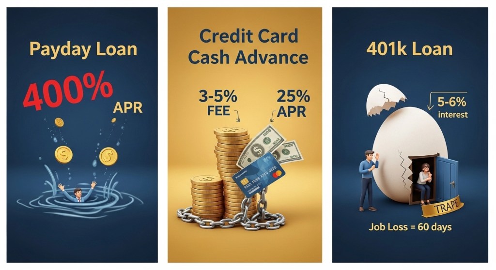 Three-panel comparison showing payday loan debt trap with 400% APR, credit card cash advance fee stack with 3-5% fee and 25% APR, and 401k loan with double taxation and job loss warning