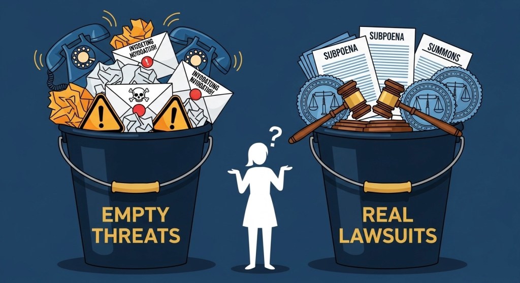 Two buckets visual comparison showing empty threats bucket with phone calls and scary letters versus real lawsuits bucket with court papers and garnishment warning for 2026 borrowers