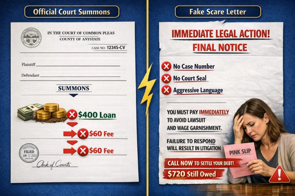 Split comparison showing real court summons with official government seal and case number versus fake payday lender scare letter with threatening language but no legal authority, highlighting key differences borrowers need to know in 2026