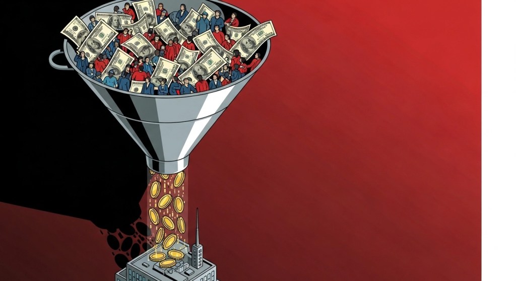 Funnel showing billions in fees extracted from low income payday loan borrowers flowing to corporate lenders representing the 9 billion dollar industry