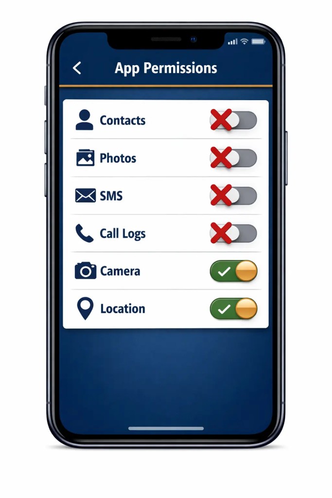 Smartphone app permission screen showing red X marks over dangerous permissions like contacts, photos, and SMS that legitimate lenders never need