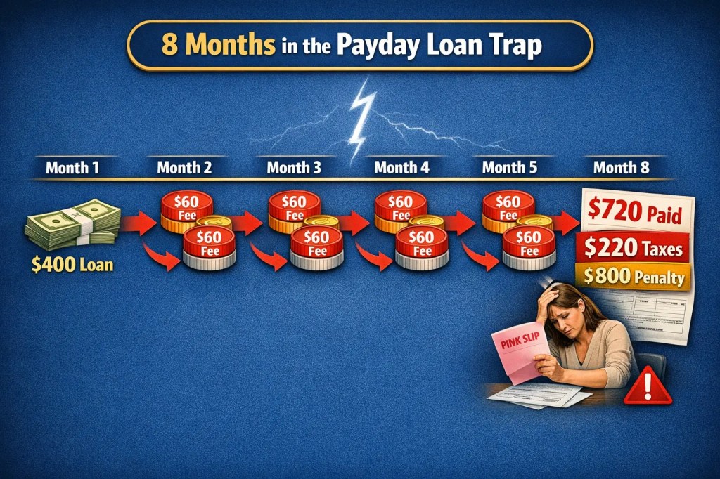 Timeline infographic showing 8 months of payday loan rollovers: $400 loan, $60 fee each month, after 8 months $720 paid in fees while still owing $400