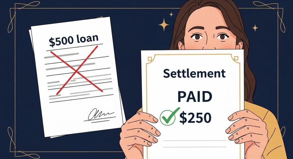 Person holding settlement letter with relieved expression, original loan crossed out