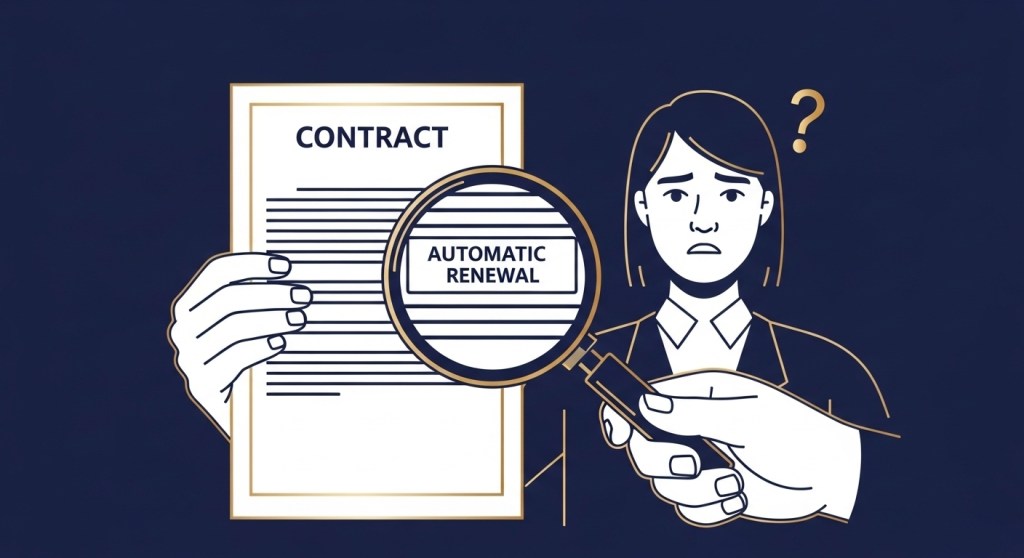 Person holding contract with fine print, magnifying glass highlighting "automatic renewal" clause
