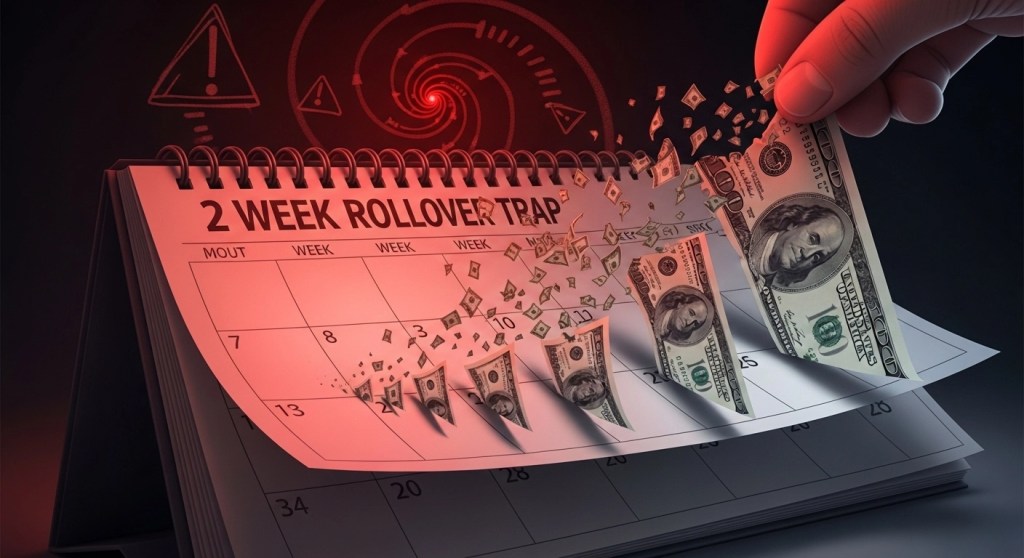 Calendar showing two week payday loan cycle with shrinking dollar bills representing the rollover debt trap