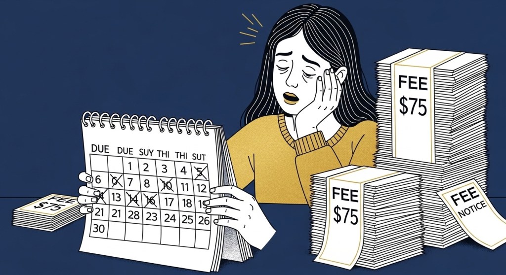 Person looking at calendar with multiple past due dates surrounded by fee notices