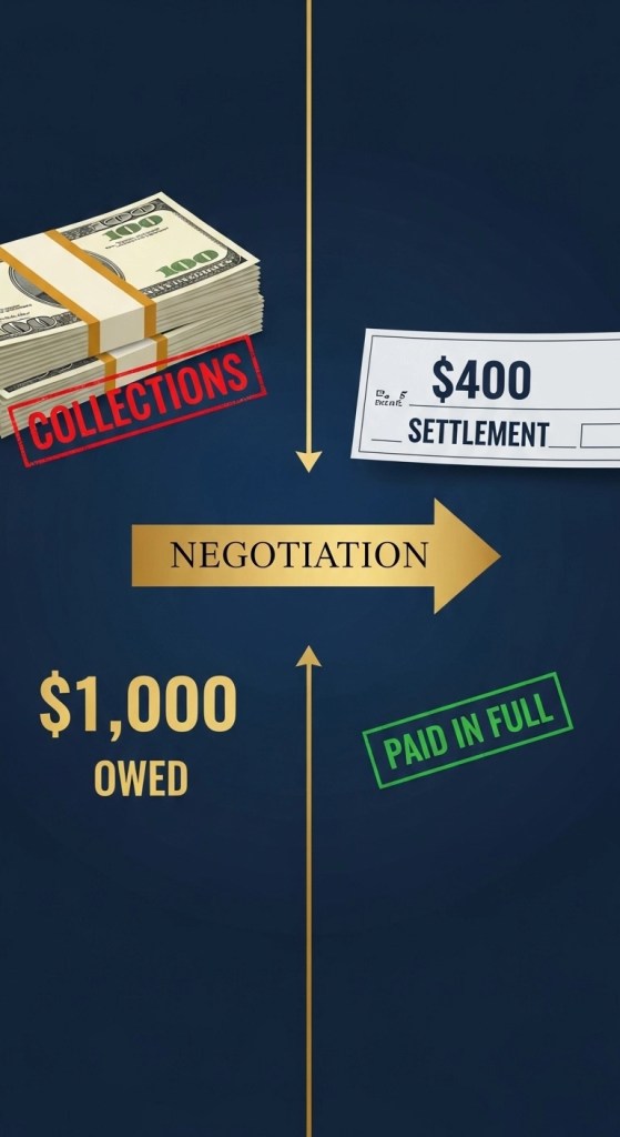Split screen infographic showing payday loan settlement negotiation: left side shows $1,000 owed with collections stamp, right side shows $400 settlement check with paid in full stamp, with negotiation arrow connecting them