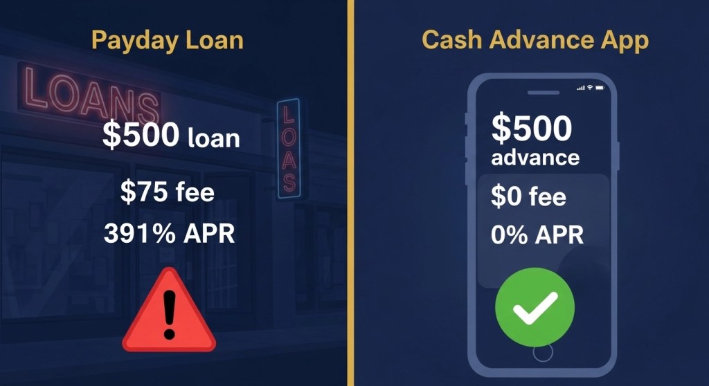 Comparison infographic showing payday loan with $75 fee on $500 and 391% APR versus cash advance app with $0 fee and 0% APR on same amount