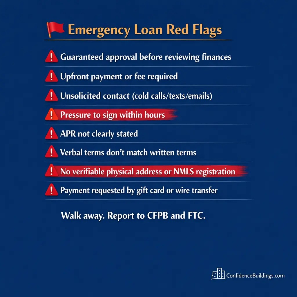 Checklist of 8 red flags for predatory loans including guaranteed approval, upfront fees, unsolicited contact, and pressure to sign