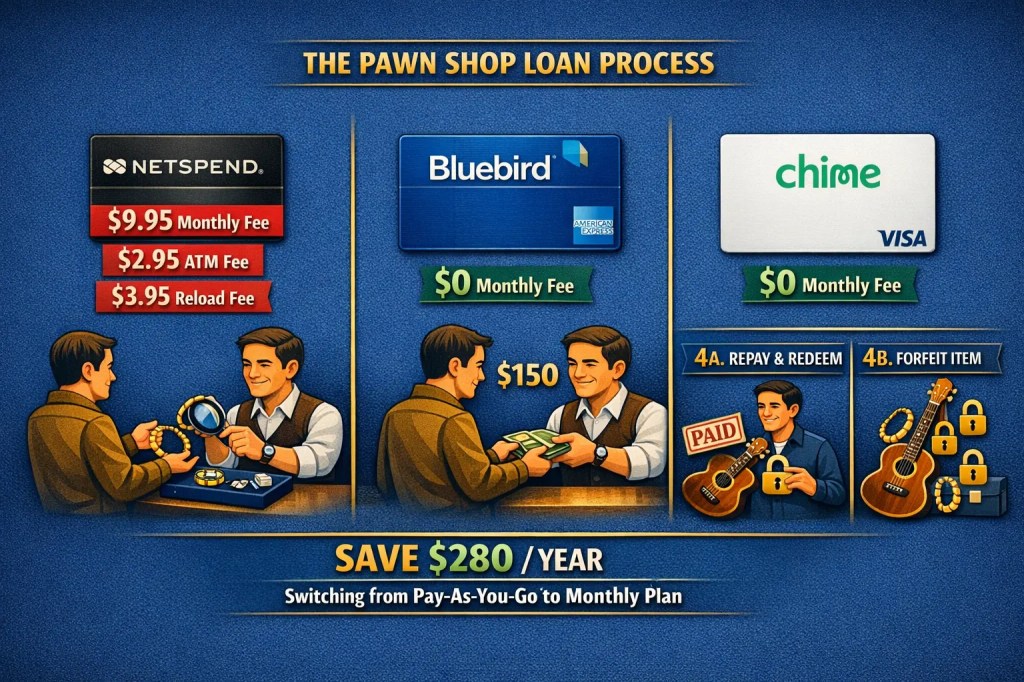 Comparison infographic showing Netspend fees: $9.95 monthly, $2.95 ATM, $3.95 reload, versus alternatives Bluebird and Chime with $0 monthly fees
